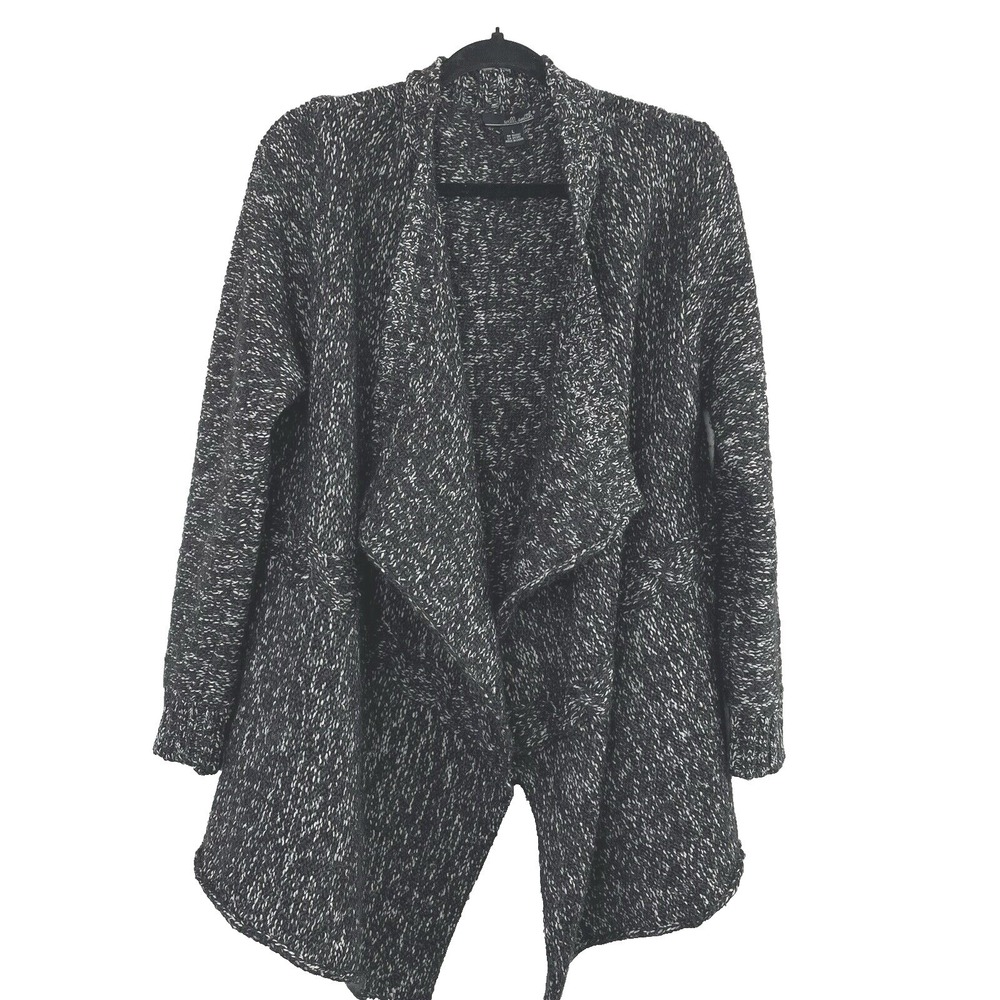 Willi Smith Women's Black White Speckled Knit‎ Waterfall Cardigan Sweater Size L